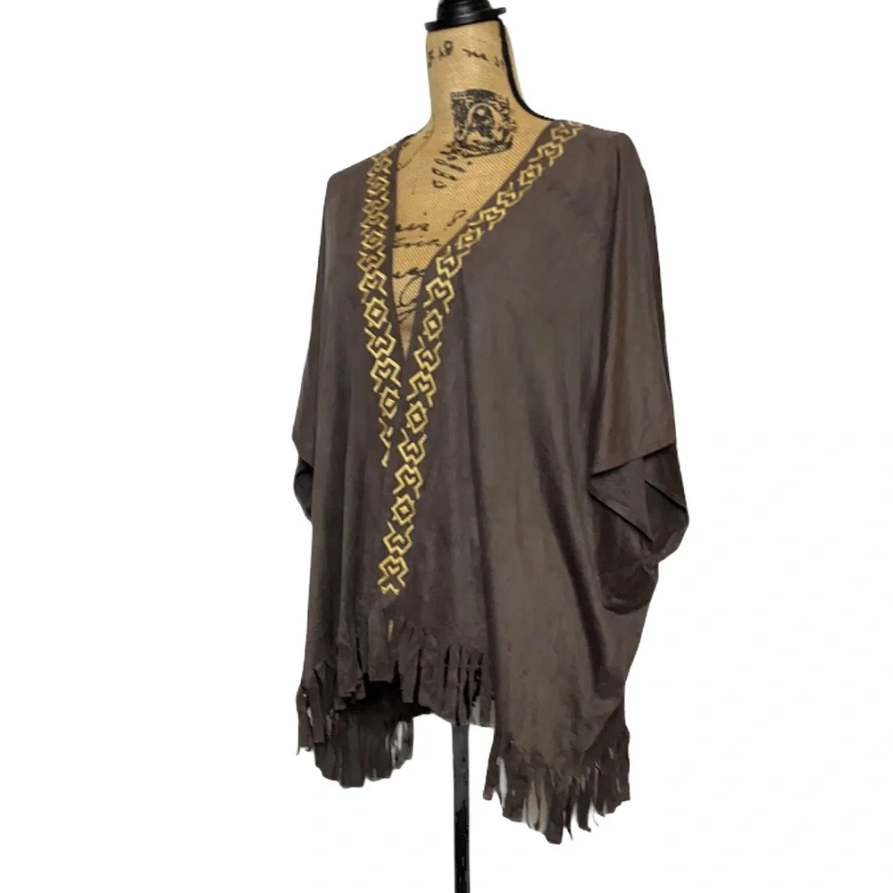 Brown Tassel Embroidery Open Front Boho Coverup M